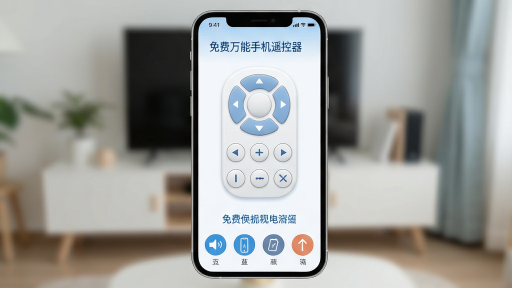 一张展示“免费万能手机遥控器”极简操作界面的图片,界面以白色和蓝色为主色调,底部有多个功能图标,中间的虚拟遥控器按键圆润清晰,整体风格清新淡雅,布局简洁大方,画质干净,无多余元素