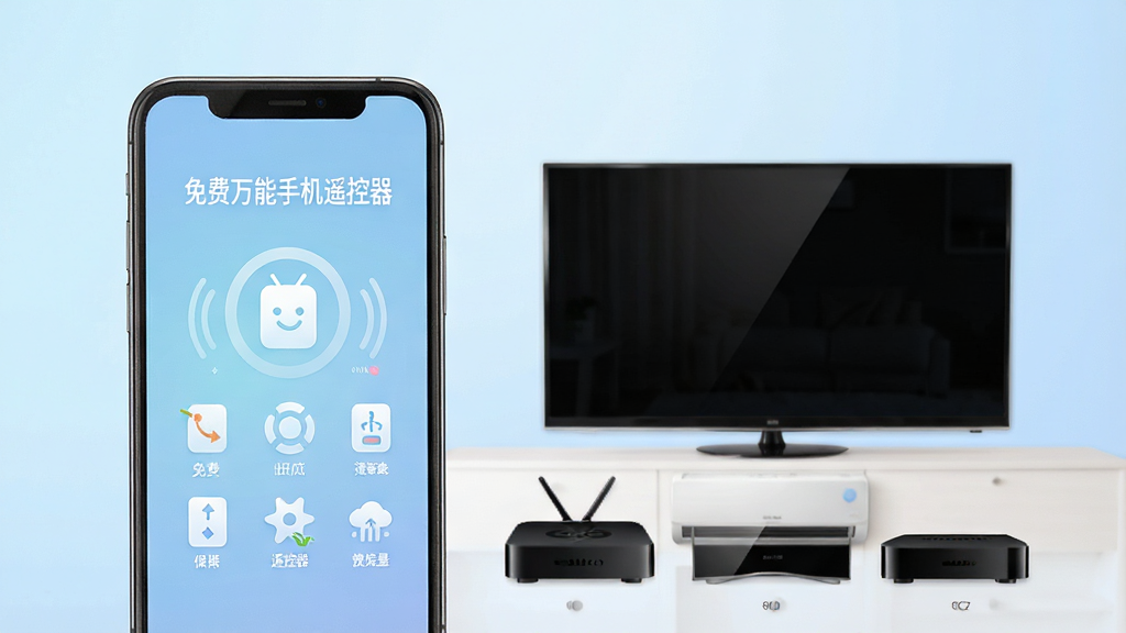 一张智能手机屏幕显示“免费万能手机遥控器”主界面,手机旁摆放着电视、空调、机顶盒等家用电器,界面风格清爽简洁,图标线条流畅,背景为柔和的浅蓝色渐变,整体布局居中,突显手机遥控的便捷与万能,画质干净,无多余元素
