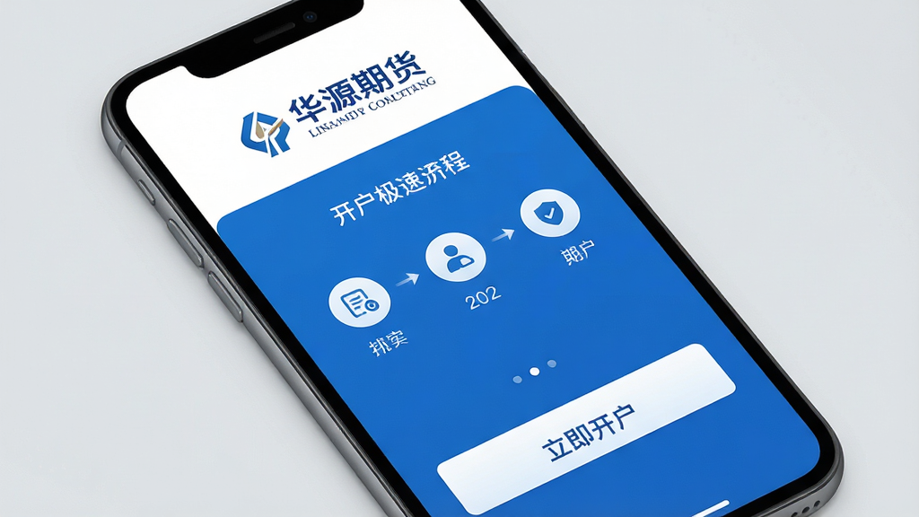 一张展示智能手机屏幕的图片,屏幕中清晰显示华源期货极速开户的APP界面,界面以蓝色和白色为主色调,顶部有华源期货的LOGO,中部是开户流程的步骤指示图标,底部有醒目的立即开户按钮,整体布局简洁清爽,背景为浅灰色,画质高清,干净,无多余元素