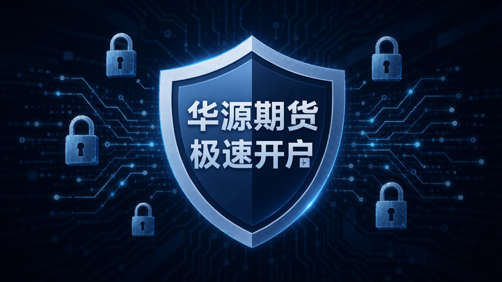 一张抽象风格的安全防护概念图,中心是一个盾牌图标,盾牌上有华源期货极速开户的文字,周围环绕着数字加密的线条和锁形符号,背景为深蓝色科技感纹理,整体风格专业且富有安全感,画质清晰,无多余元素