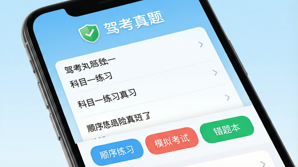 一张智能手机屏幕特写,屏幕中显示驾考真题APP主界面,界面顶部有“驾考真题”字样和绿色盾牌图标,中间是科目一练习题列表,底部有“顺序练习”“模拟考试”“错题本”三个彩色按钮,背景为浅蓝色渐变,整体风格简洁明亮,画质干净,无多余元素