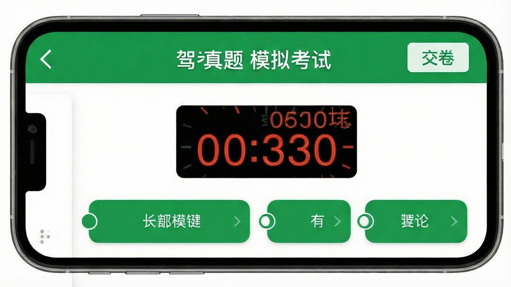 驾考真题APP模拟考试界面截图,手机屏幕中显示倒计时时钟和答题卡,题目下方有四个选项按钮,顶部显示“驾考真题 模拟考试”字样,右上角有交卷按钮,整体以白色背景搭配绿色主题色,画质干净,无多余元素