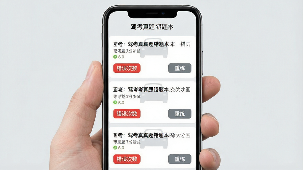 驾考真题APP错题本页面,手机屏幕中显示错题列表,每道题下方有红色“错误次数”标签和“重练”按钮,顶部有“驾考真题 错题本”字样,背景为浅灰色,风格简洁清晰,画质干净,无多余元素