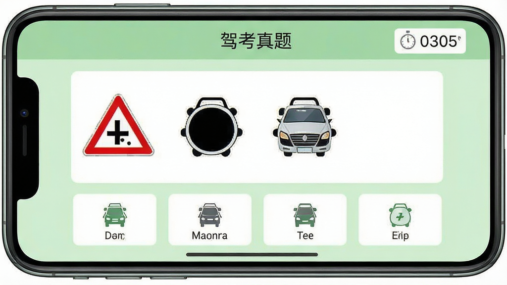 一张手机横屏截图,屏幕中显示驾考真题做题界面,题目为交通标志选择题,下方有四个选项,顶部有“驾考真题”字样,右上角有计时器,背景为浅绿色,画质干净,无多余元素