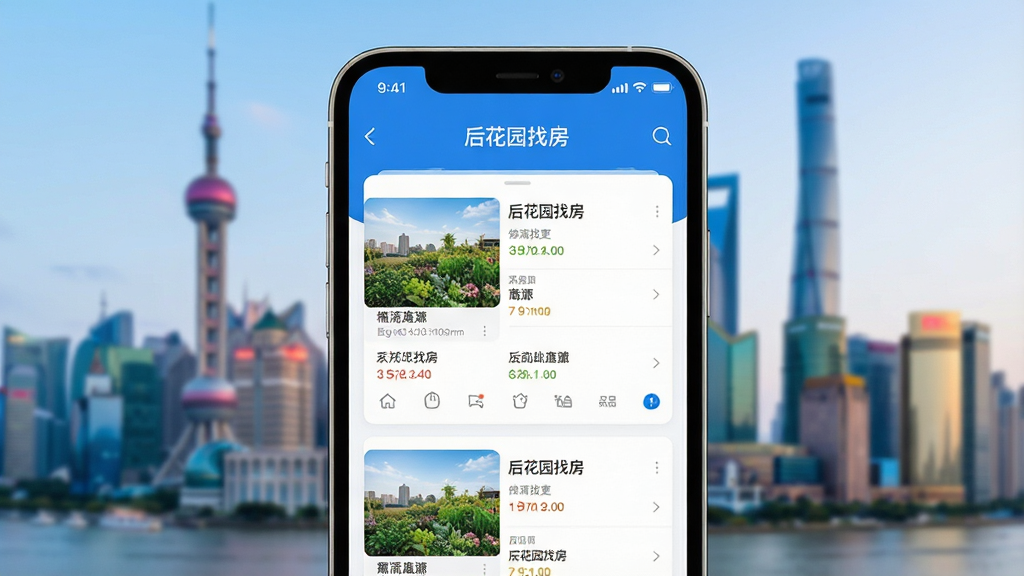 一张现代简约风格的智能手机屏幕特写,屏幕显示“后花园找房”APP的房源列表界面,背景为模糊的城市天际线,画面干净明亮,突出APP界面布局清晰、信息层级分明,整体色调以蓝白为主,画质高清,无多余元素