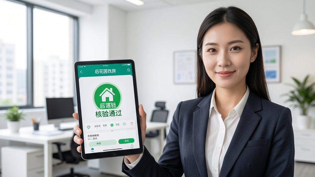 一名房产经纪人手持平板电脑,展示“后花园找房”APP上的房源核验通过标识,背景是明亮整洁的办公室,画面构图平衡,突出核验流程的严谨与专业,风格写实,画质清晰,无多余元素