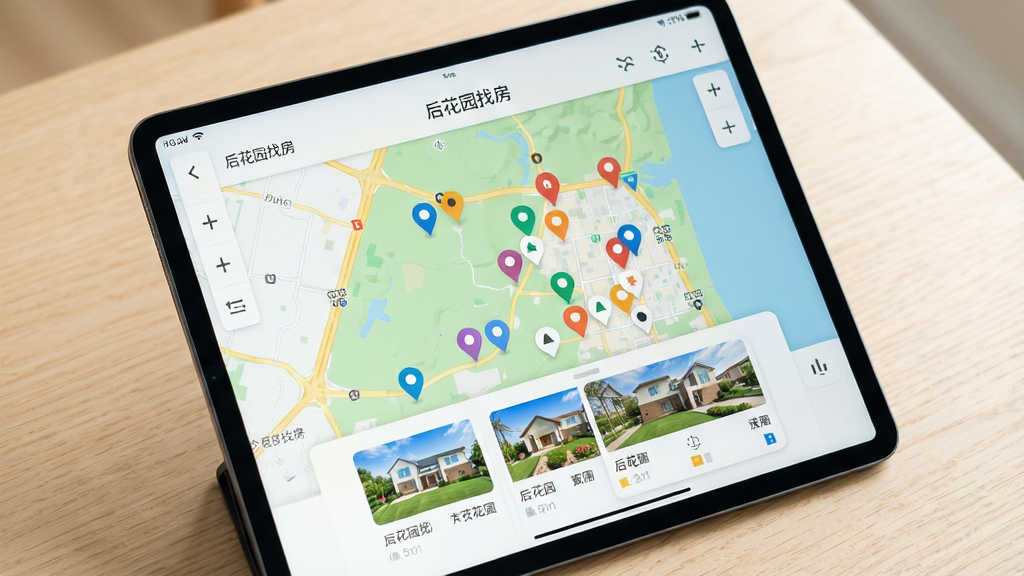 平板电脑显示“后花园找房”地图找房界面,地图上分布彩色房源标记,底部弹出房源卡片,背景为浅色木质桌面,画面简洁,突出地图交互的便利性,风格清新,画质高清,无多余元素