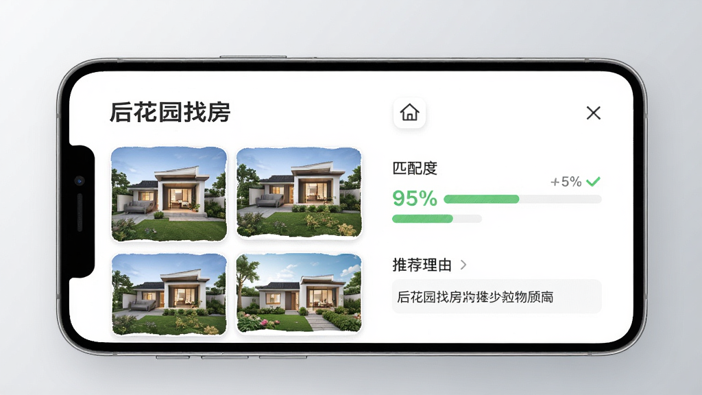 手机屏幕展示“后花园找房”的智能推荐页面,左侧为房源缩略图,右侧为匹配度百分比与推荐理由,背景为简约的淡灰色渐变,设计现代,排版整洁,画质细腻,无多余元素