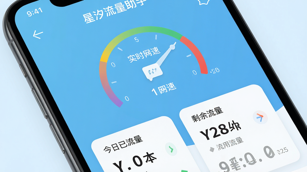 一张手机屏幕特写,界面显示“星汐流量助手”主界面,上方是实时网速仪表盘,下方是今日已用流量和剩余流量数据卡片,背景干净浅蓝色调,扁平化设计,UI清晰,整体画面明亮简洁,突出流量监测核心功能,画质高清,无多余元素