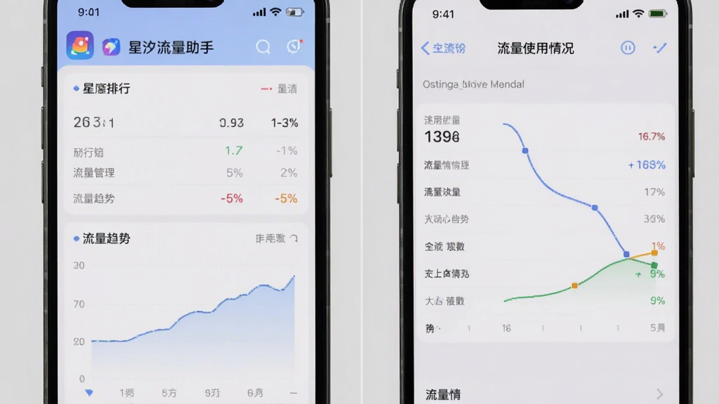 手机横屏截图,左侧是“星汐流量助手”的应用排行和流量趋势图,右侧是手机设置页面中的“流量使用情况”,背景浅灰色,整体风格实用简洁,突出流量管理对比场景,画质干净,无多余元素