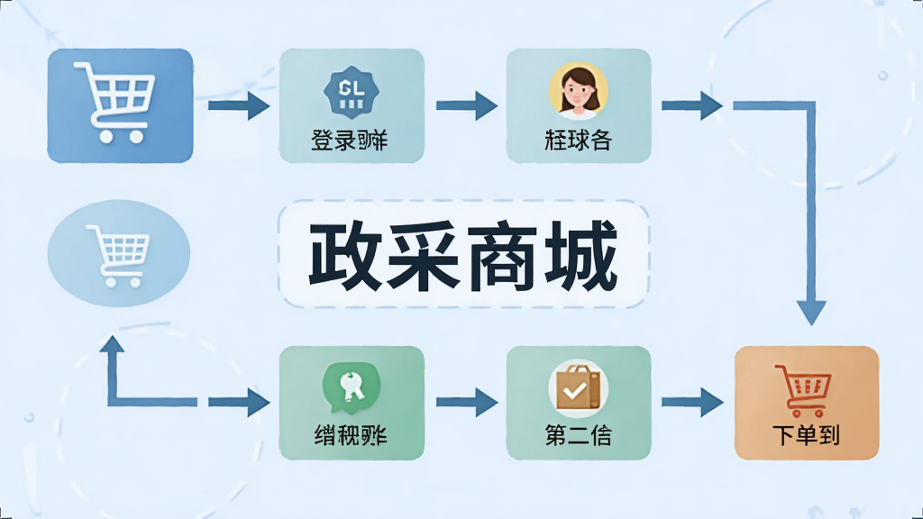 展示政采商城使用教程的配图,主体为一张操作步骤流程图,从登录到下单的每个步骤用箭头连接,背景为淡蓝色,风格简洁明了,图片中央有“政采商城”文字标识,画质干净