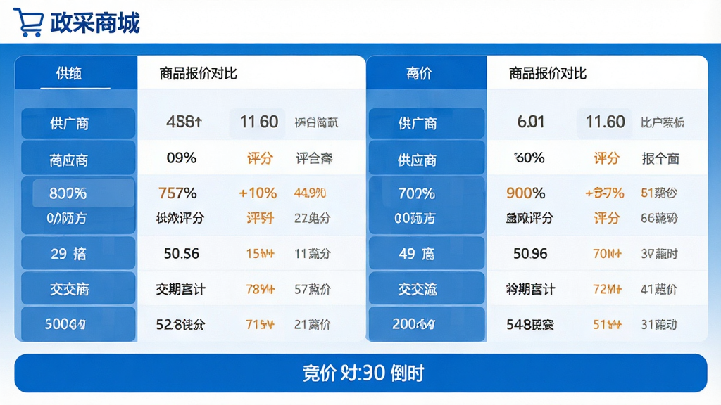 展示政采商城智能比价功能的界面,主体为商品报价对比列表,左右分栏显示不同供应商的价格、评分、交期等信息,底部为竞价倒计时条,布局清晰,风格清爽,蓝白配色,画质高清,图片中顶部有“政采商城”品牌标识