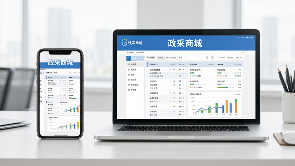 展示政采商城多端同步示意图,主体为一部手机和一台笔记本电脑并排摆放,屏幕中显示相同的订单数据图表,背景为简约办公桌面,风格现代商务,光线明亮柔和,画质清晰,图片中电脑屏幕上显示“政采商城”字样