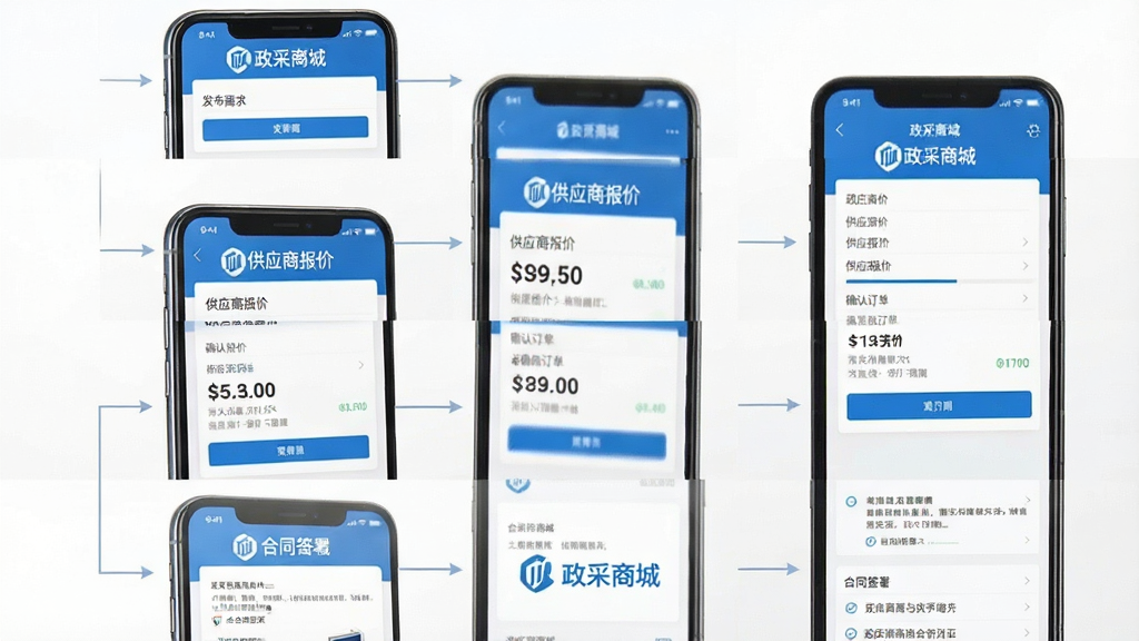 展示政采商城全流程交易的操作界面,主体为手机截图拼合图,从上到下依次显示“发布需求”、“供应商报价”、“确认订单”、“合同签署”等步骤界面,布局为纵向流程展示,风格简约商务,以蓝色和白色为主,画面干净整洁,图片中每张截图均带有“政采商城”字样水印
