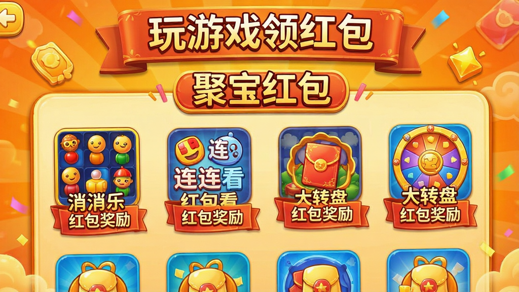 一张游戏场景截图,画面中央是“聚宝红包”游戏大厅界面,背景是欢快的橙黄色调,界面上展示着“消消乐”、“连连看”、“大转盘”等几款卡通风格的小游戏图标,每个图标下方都标注着“红包奖励”字样,顶部横幅显示“玩游戏领红包”的宣传语,整体布局活泼,排版错落有致,细节精致,画质清晰,充满娱乐氛围,无多余元素