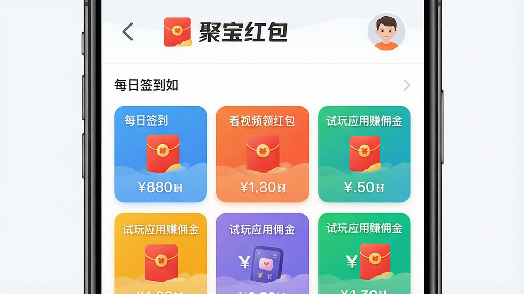 一张手机应用界面预览图,界面风格清新简洁,上方是“聚宝红包”的Logo和用户头像,下方以列表形式整齐排列着“每日签到”、“看视频领红包”、“试玩应用赚佣金”等多个彩色任务卡片,每个卡片都带有醒目的红包图标和具体奖励金额,画面布局清晰,排版规整,细节丰富,画质干净,突出任务多样性和操作的便捷性,整体色调明快,无多余元素