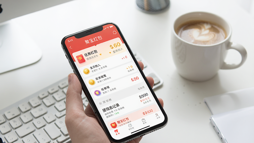 一张手机应用使用场景图,手机屏幕显示“聚宝红包”的收益明细页面,有清晰的任务列表、金币收入和提现记录,背景是明亮整洁的桌面,旁边放着一杯咖啡,画面风格写实,布局合理,排版清晰,细节丰富,画质高清,突出用户日常使用的真实感和便捷性,无多余元素