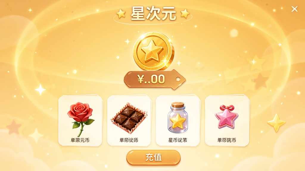 展示“星次元”星币商城界面,中央展示金币图标与价格标签,下方为礼物列表,包含玫瑰、巧克力、星星瓶等,背景为暖黄色光晕,风格温馨,布局对称,细节显示“充值”按钮,画质柔和,干净无多余元素
