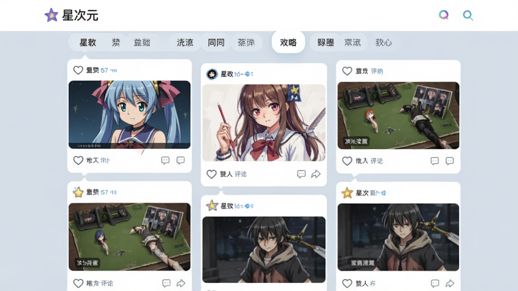 展示“星次元”兴趣圈子页面,顶部为分类标签栏,下方为帖子瀑布流,包含动漫截图、同人绘画、游戏攻略等卡片,背景为浅灰蓝色,风格清新,布局错落有致,细节显示点赞与评论图标,画质清晰,干净无多余元素