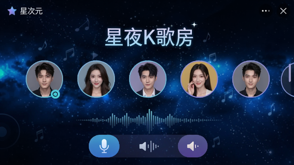 展示“星次元”语音聊天房间界面,上方为房间主题“星夜K歌房”,中间为成员头像列表,底部为麦克风与音效控制按钮,背景为深蓝色星空,风格炫酷,布局清晰,细节显示音量波形动画,画质流畅,干净无多余元素