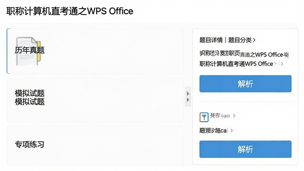 һ������б�ҳ�棬չʾ��ְ�Ƽ����ֱ��֮ͨWPS Office������Ŀ���࣬�����������⡢ģ�����⡢ר����ϰ�ȣ��Ҳ�����Ŀ����ͽ�����ť�����ֱ�ۣ���������