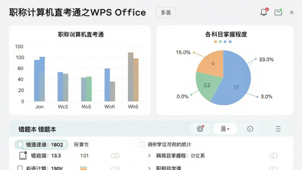 һ��ѧϰ����ͳ��ҳ�棬��ʾ��ְ�Ƽ����ֱ��֮ͨWPS Office����ѧϰ���棬������״ͼ����ͼչʾ����Ŀ���ճ̶ȣ����Ȿ�б������������Ѻã�ɫ����ͣ����ʸɾ�