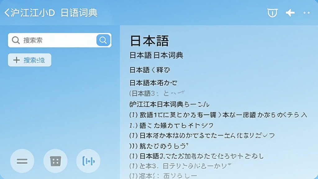 一张展示沪江小D日语词典主界面的高清截图,界面左侧为搜索框,右侧显示单词“日本”的释义与例句,背景为浅蓝色渐变,整体布局简洁干净,画质清晰,无多余元素