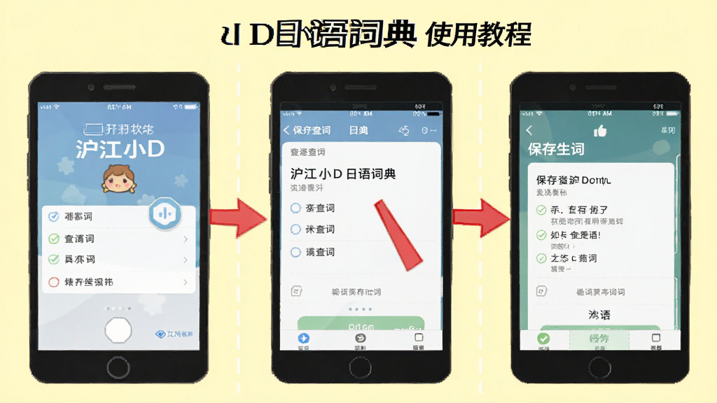 沪江小D日语词典使用教程步骤图,图片展示从打开软件到查词再到保存生词的三步操作流程,每个步骤配有红色箭头指示,背景为淡黄色,画质清晰,无多余元素