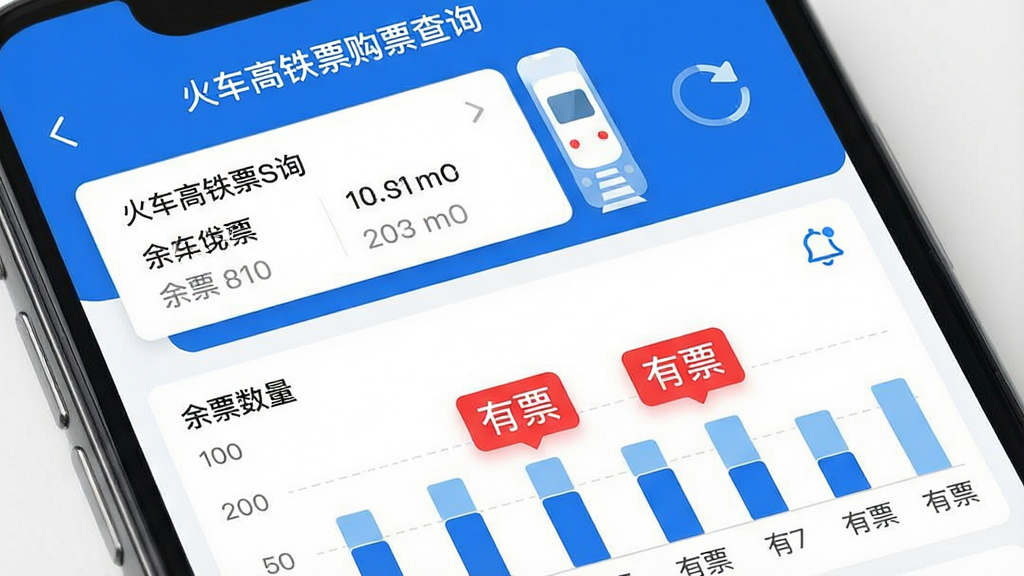 画面主体为手机应用界面特写,显示“火车高铁票购票查询”的余票监控页面,布局上部分为列车信息卡片,下部分为余票数量柱状图,红色数字“有票”高亮显示,风格为简洁数据可视化,配色蓝白相间,细节包括刷新动画与通知铃铛图标,画质清晰干净,无多余元素