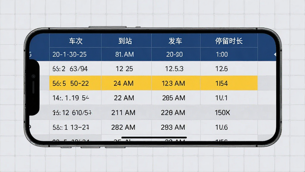 画面主体为手机横屏显示列车时刻表,表格列出车次、到站时间、发车时间、停留时长,背景为浅灰色网格,布局规整,风格为商务数据展示,配色以深蓝与浅灰为主,细节包括当前站高亮标黄,画质干净无多余元素