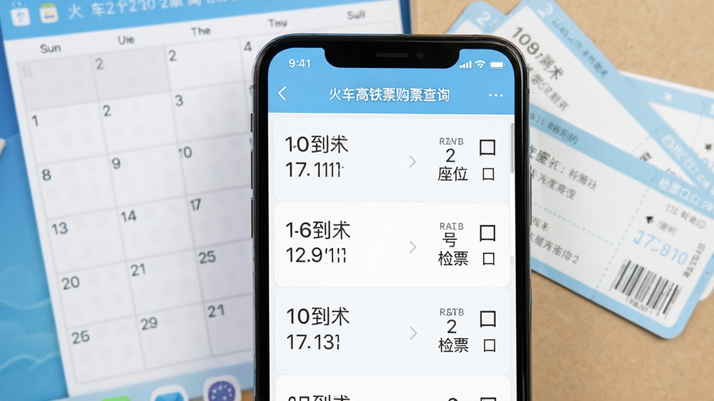 画面主体为手机截图,展示“火车高铁票购票查询”的行程列表,背景为桌面日历与车票,布局为列表式,风格简洁清新,配色浅蓝与白色,细节包括出发到达时间、座位号、检票口信息,画质干净无多余元素