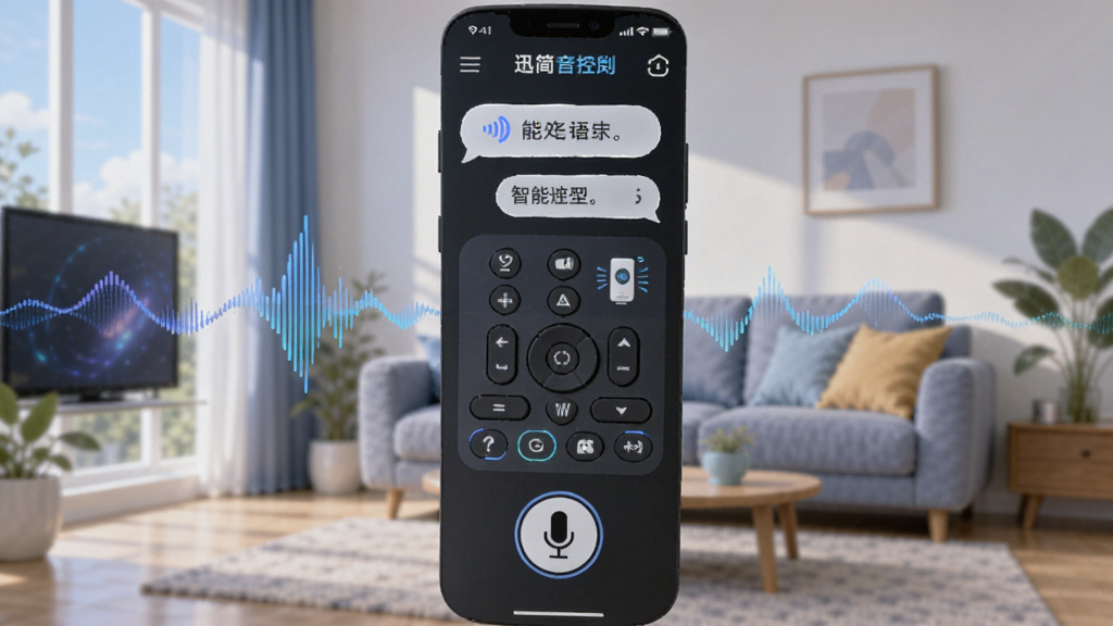 主体为万能遥控器(迅简)App语音控制界面,底部有麦克风图标,界面以波浪声波动画装饰,背景为客厅场景,布局采用全屏沉浸式设计,排版简洁,风格为科技感动态插画,细节包含语音识别文字气泡和智能设备响应图标,画质清晰干净,无多余元素