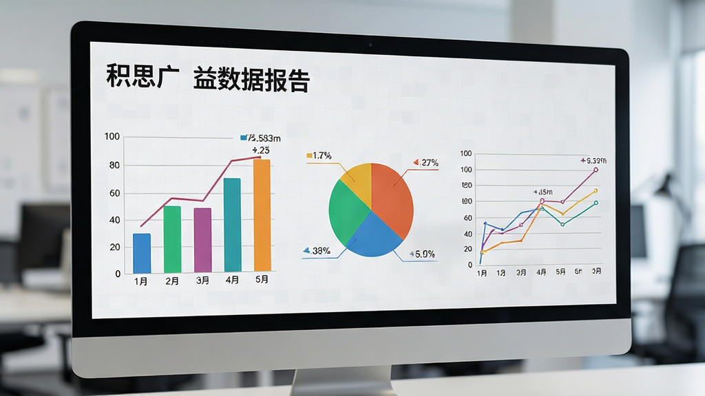 积思广益数据报告页面,屏幕展示多个彩色统计图表,包括柱状图、饼图和折线图,图表旁边有具体数字标注,背景是浅灰色网格,整体风格商务清晰,数据可视化效果出色,高清画质,干净无多余元素。