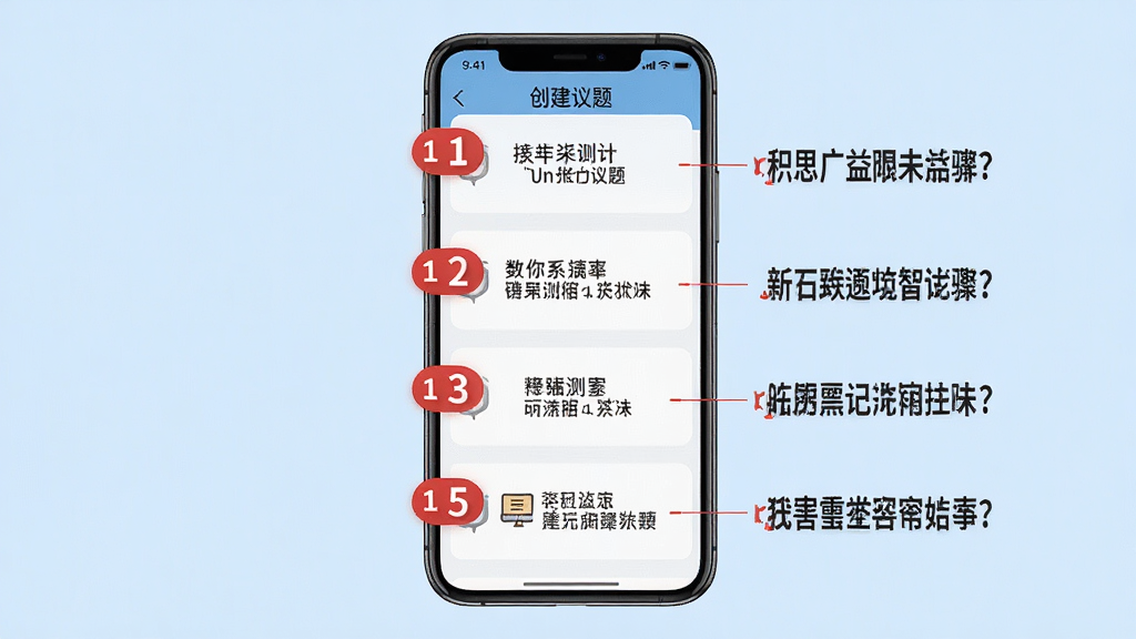 积思广益使用教程示意图,手机屏幕显示创建议题的步骤界面,每一步用红色数字标号,旁边有文字说明,背景为浅蓝色,整体风格教学清晰,画质高清,干净无多余元素。
