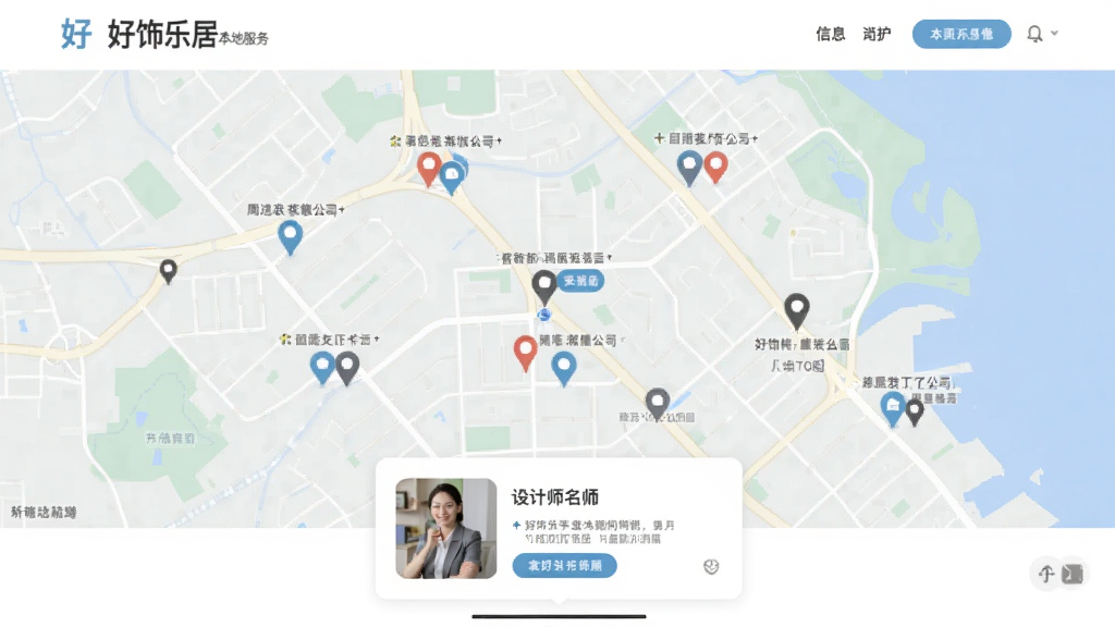 好饰乐居本地服务页面,地图上显示周边装修公司标记,底部弹出设计师名片卡片,界面友好,信息清晰,现代扁平化设计风格,高清画质,无多余元素
