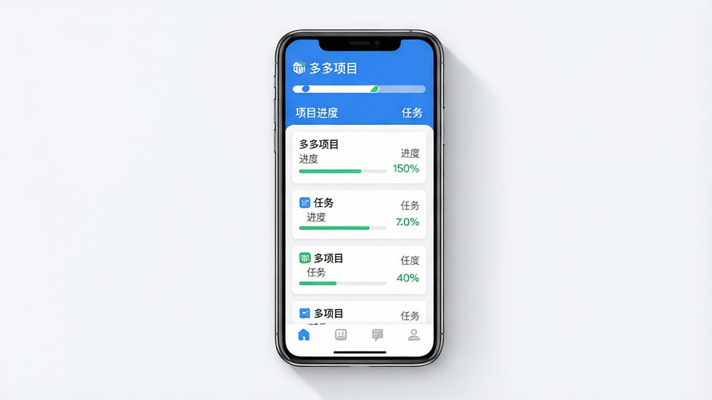 主体:一部智能手机屏幕显示“多多项目”主界面,界面以蓝色和白色为主色调,顶部有项目进度条,中部是任务卡片列表。布局:手机居中,屏幕内容清晰可见,周围有淡淡的投影。排版:界面布局简洁,卡片式设计,文字标签为“多多项目”“进度”“任务”。风格:扁平化设计,现代感,界面干净清爽。细节:任务卡片上显示完成百分比,底部有导航栏图标。画质:高清,色彩鲜艳,干净,无多余元素。