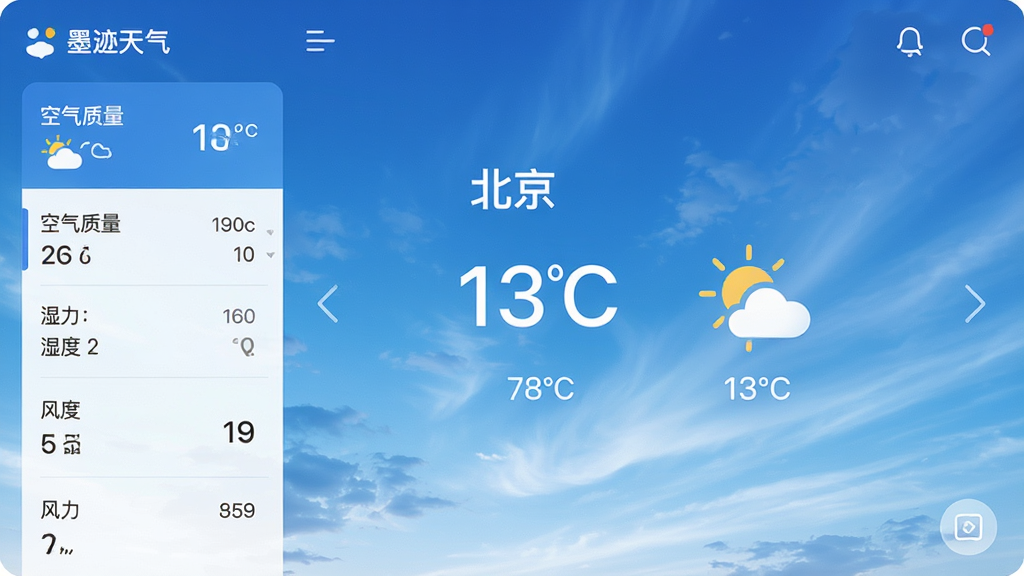 墨迹天气主界面展示图,画面中央显示当前城市“北京”的实时气温与天气状况图标,背景为动态渐变天空,左侧列表展示空气质量、湿度、风力等详细数据,整体风格清爽简洁,UI设计现代,色彩以蓝白为主,画质高清,干净无多余元素