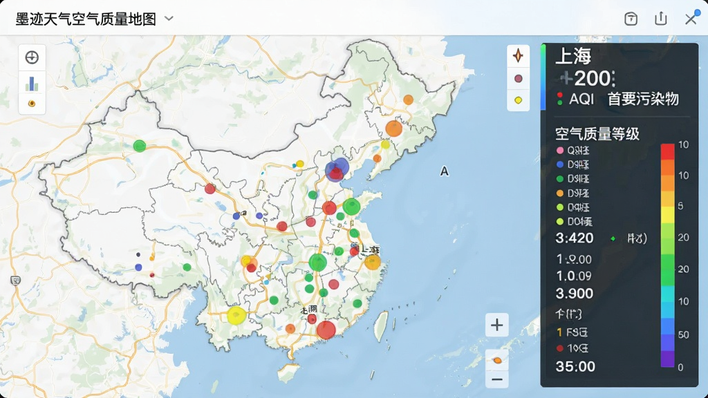 墨迹天气空气质量地图界面,地图上以不同颜色圆点标示各监测点空气质量指数,页面右侧有空气质量等级色阶条,顶部显示当前城市“上海”的AQI数值与首要污染物,风格专业数据可视化,画质清晰,干净无多余元素