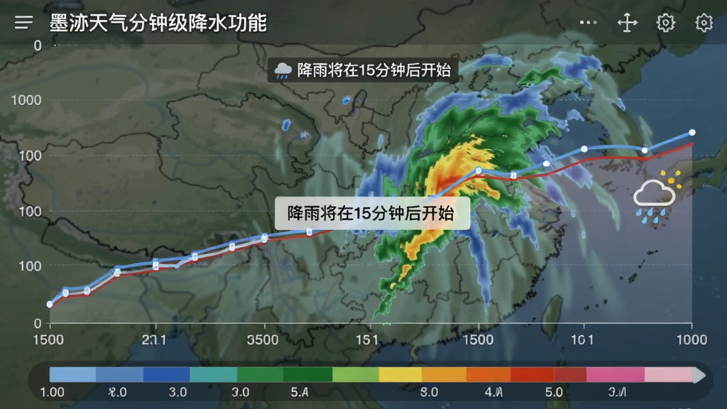 墨迹天气分钟级降水功能截图,画面展示未来两小时降水趋势折线图,时间轴下方有降雨强度色块标注,地图背景叠加雷达回波动画,界面清晰展示“降雨将在15分钟后开始”的提示文字,UI风格专业且直观,画质干净