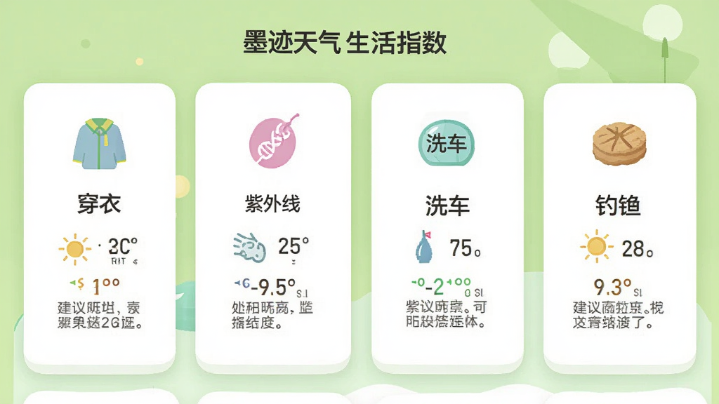 墨迹天气生活指数页面预览图,页面采用卡片式布局,依次排列穿衣、紫外线、洗车、钓鱼等指数图标,每个图标下方有对应的等级描述与建议文字,背景为清新的浅绿色,整体风格简约温馨,画质高清,干净无多余元素