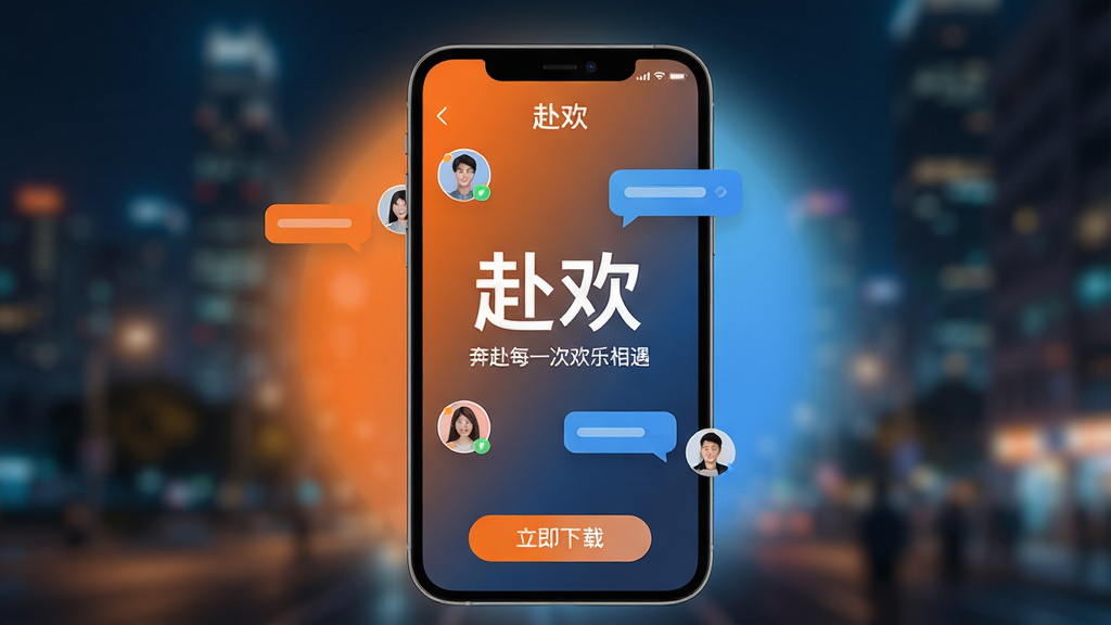 主体:手机屏幕展示“赴欢”应用界面,界面中心有“赴欢”二字和“奔赴每一次欢乐相遇”的标语,周围环绕着多个用户头像和对话气泡,背景是模糊的都市夜景灯光。布局:手机位于画面中央,屏幕内容清晰可见,周围有柔和的渐变光晕,底部有“立即下载”按钮。排版:采用居中构图,文字与图标比例协调,屏幕内容占画面60%,背景虚化。风格:现代简约,社交应用风格,色彩明快,以橙色和蓝色为主色调,细节丰富,光影自然。画质:4K超清,干净,无多余元素。