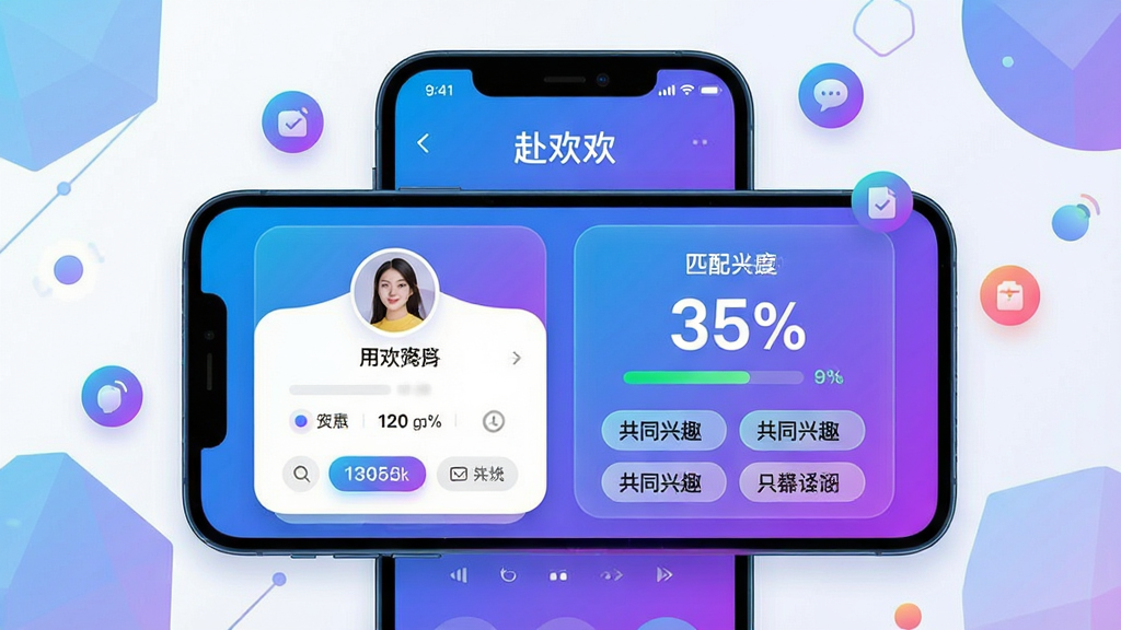 主体:手机屏幕展示“赴欢”的智能匹配界面,左侧是用户资料卡片,右侧是匹配度百分比和共同兴趣标签,背景是淡雅的几何图形。布局:手机居中,屏幕内卡片排列有序,匹配度数字突出,背景有浮动的小图标。排版:左右分栏,卡片圆角设计,文字清晰,色彩鲜艳。风格:科技感与活泼并重,蓝紫色渐变,细节精致。画质:高清,干净,无多余元素。
