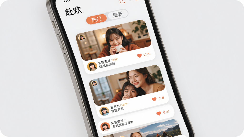 主体:手机屏幕展示“赴欢”的动态广场,顶部有“热门”和“最新”标签,下方是瀑布流形式的用户动态卡片,包含图片和文字。布局:手机竖屏显示,卡片纵向排列,间距均匀,背景为浅灰色。排版:卡片圆角,图片在上文字在下,有头像和点赞按钮。风格:清新明亮,社交应用风格,暖色调。画质:1080P,干净,无多余元素。