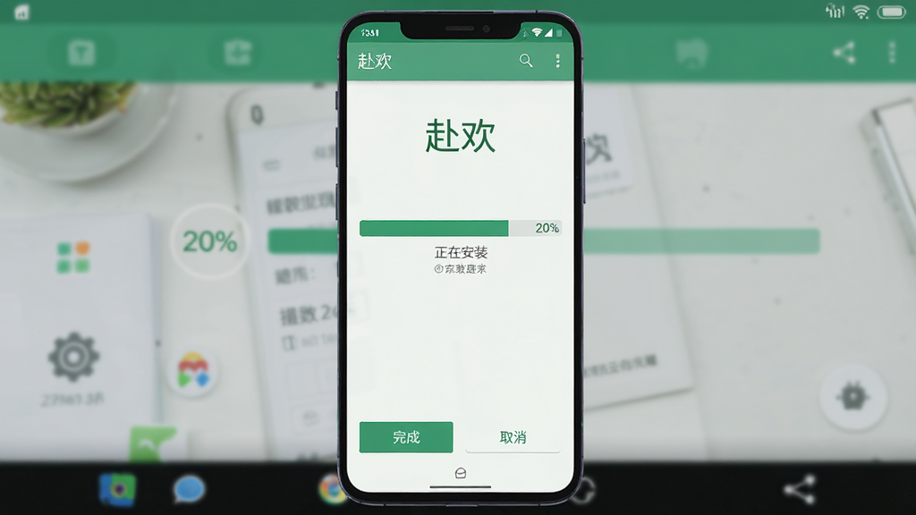 主体:手机屏幕展示“赴欢”的安装界面,进度条显示“正在安装”,背景是安卓系统风格。布局:手机居中,屏幕内安装进度条明显,底部有“完成”和“取消”按钮。排版:简洁明了,进度条占屏幕20%,文字提示清晰。风格:扁平化,绿色主调,干净整洁。画质:高清,无多余元素。
