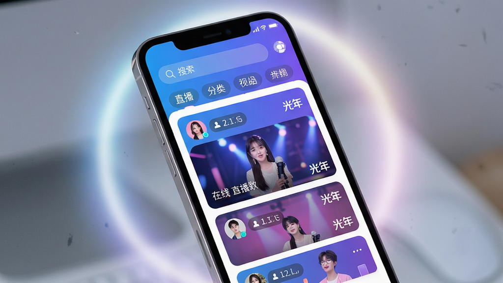 主体:光年APP的界面预览图,展示手机屏幕上的直播列表与正在进行的才艺表演。布局:居中构图,手机微微倾斜,屏幕内容清晰可见,周围有柔和的光晕效果。排版:屏幕内从上到下依次为搜索栏、分类标签、直播卡片瀑布流。风格:现代扁平化设计,色彩明亮活泼,以蓝紫色渐变为主色调。细节:直播卡片上显示主播头像、在线人数和“光年”LOGO水印,画面干净无多余元素。画质:高清细腻,光影自然,整体呈现科技感与青春活力。