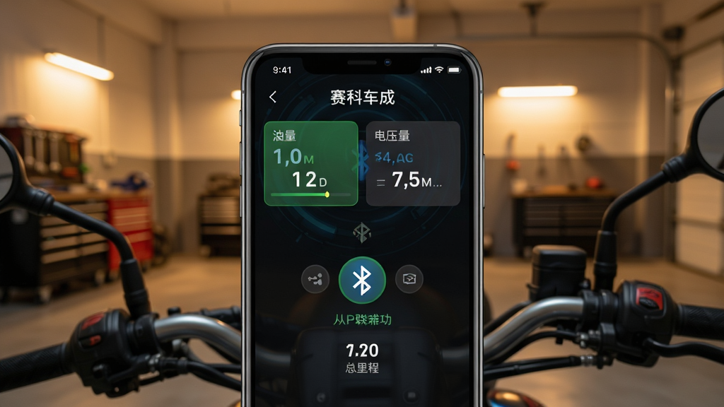 赛科龙APP智能车联功能界面截图,展示手机与摩托车蓝牙连接成功状态,界面清晰显示油量、电压、总里程等数据卡片,背景为车库场景,灯光柔和,界面设计科技感十足,数据字体清晰可读,画质高清,干净无多余元素