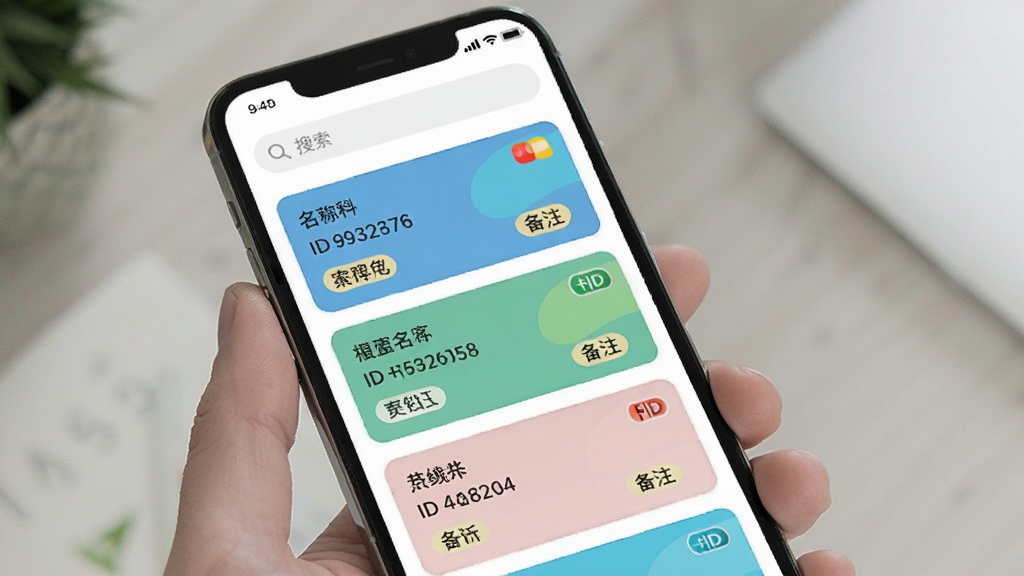手机屏幕展示“卡ID”应用卡片管理列表,列表中有多张卡片信息,每张卡片显示名称、ID号和备注标签,顶部有一个搜索框,界面采用卡片式布局,色彩清新,风格简洁,画质清晰,干净无多余元素