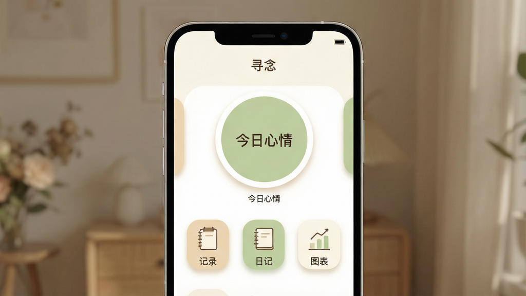 一幅温暖治愈风格的手机应用界面预览图,主体为“寻念”APP的首页截图,界面以柔和的米白色与淡绿色为主色调,中央显示一个带有“今日心情”字样的圆环卡片,下方排列着“记录”、“日记”、“图表”三个圆角图标,整体布局简洁留白,排版规整,扁平化设计风格,细节处有轻微阴影与圆角,画质清晰干净,无多余元素。