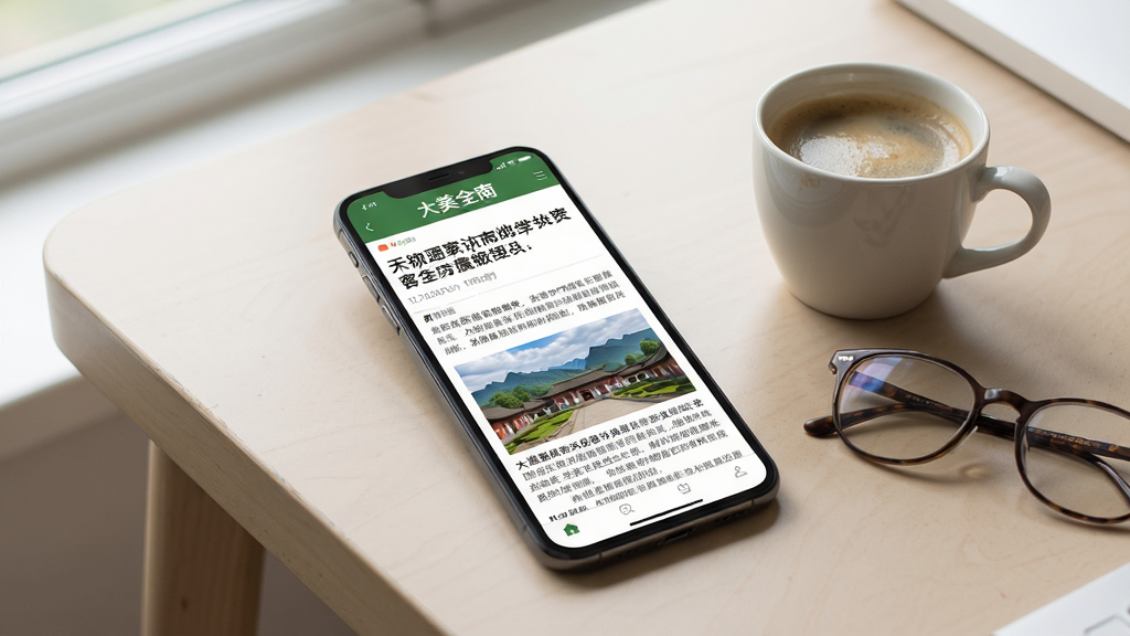 一张新闻阅读场景的图片,手机屏幕上展示“大美全南”客户端的新闻详情页,页面包含新闻标题、发布时间、正文文字和配图,手机旁边摆放着一杯咖啡和一副眼镜,背景为简约的书桌,画面布局自然,排版清晰,风格写实,细节丰富,画质高清,干净,无多余元素