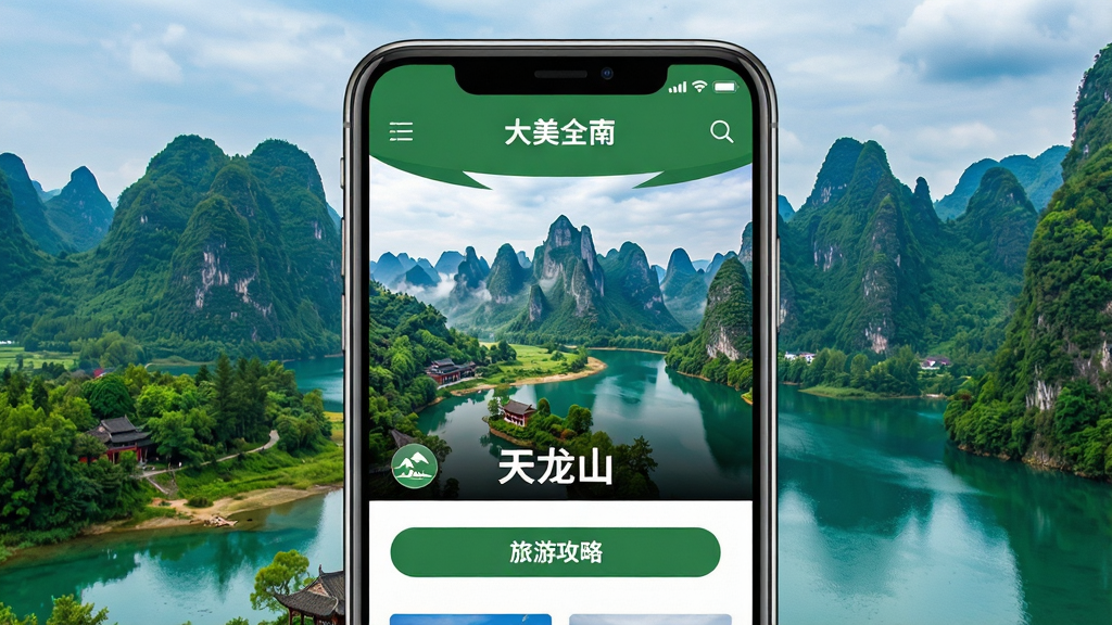 一张展示全南县旅游景点宣传页面的图片,手机屏幕上显示“大美全南”客户端的文旅专区,页面包含天龙山景区的风景大图、景点名称“天龙山”和“旅游攻略”按钮,手机背景为青山绿水,画面布局美观,排版大气,风格写实,色彩鲜艳,细节丰富,画质高清,干净,无多余元素